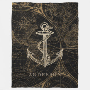 Old World Nautical Anchor Monogram Black Fleece Blanket