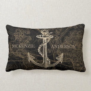 Old World Nautical Anchor Monogram Black Lumbar Pillow