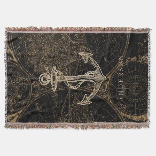 Old World Nautical Anchor Monogram Black Throw Blanket (Front)