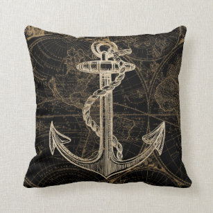Old World Nautical Anchor Monogram Black Throw Pillow