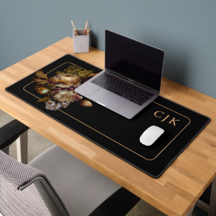 Old World Romantic Floral on Black with Monogram Desk Mat