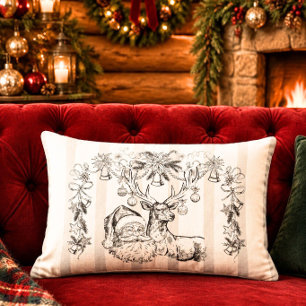 Old World Santa and Reindeer Sketch Holiday Lumbar Pillow