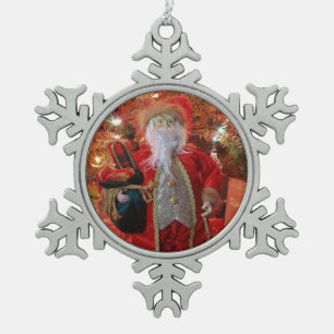 Old World Santa Claus shot closeup on a Snowflake Pewter Christmas Ornament