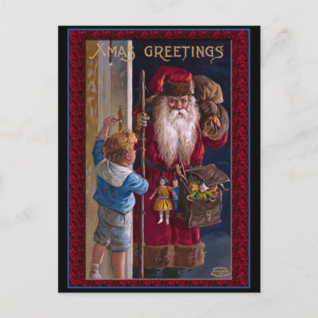 Old World Santa Xmas Greetings Holiday Postcard (Front)