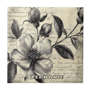 Old World Sepia Floral Sketch Parchment Tile