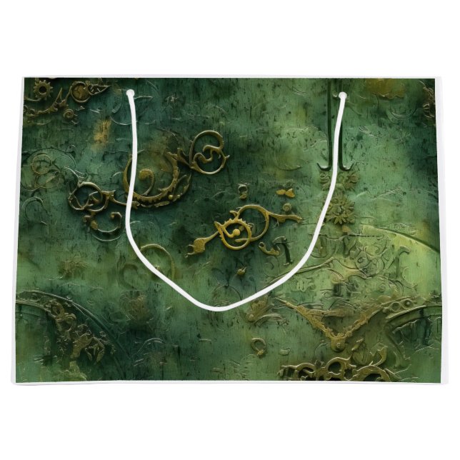 Old World Steampunk Gears Emerald Large Gift Bag (Front)