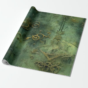 Old World Steampunk Gears Emerald Wrapping Paper