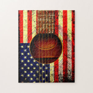 Old Worn Acoustic Guitar /W American Flag Jigsaw Puzzle