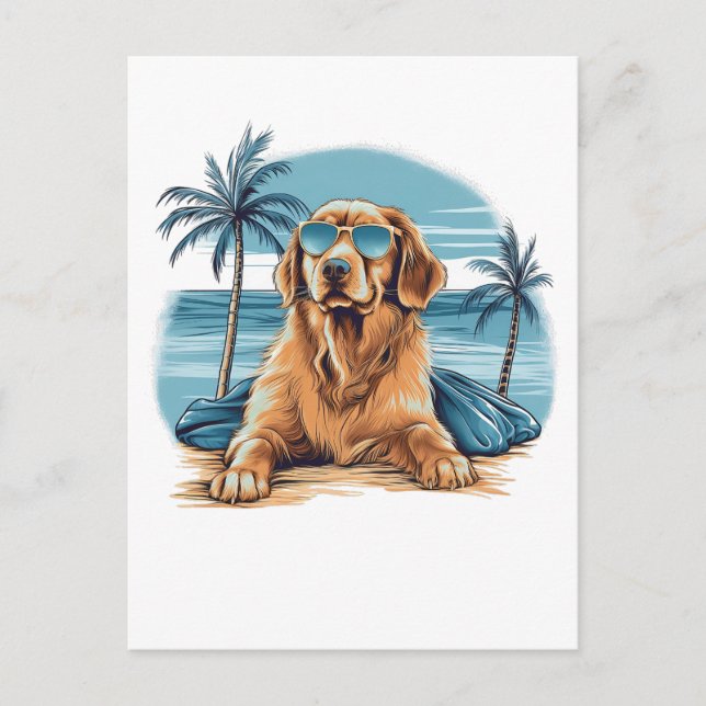 olden-retriever with sunglasses at the beach postcard (Front)