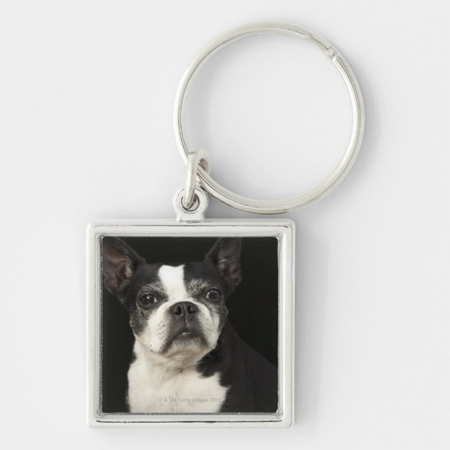 Older Bosten Terrier on black background Keychain (Front)