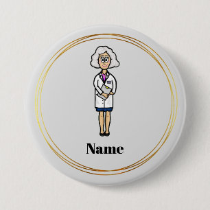 Older Female Doctor with Grey Hair Name Button