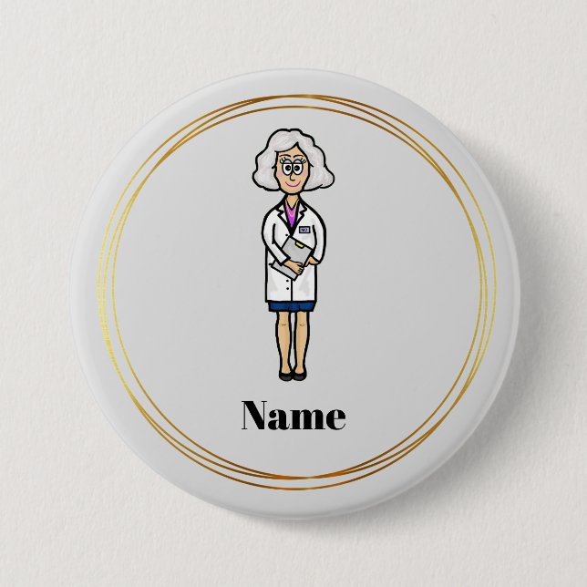Older Female Doctor with Grey Hair Name Button (Front)