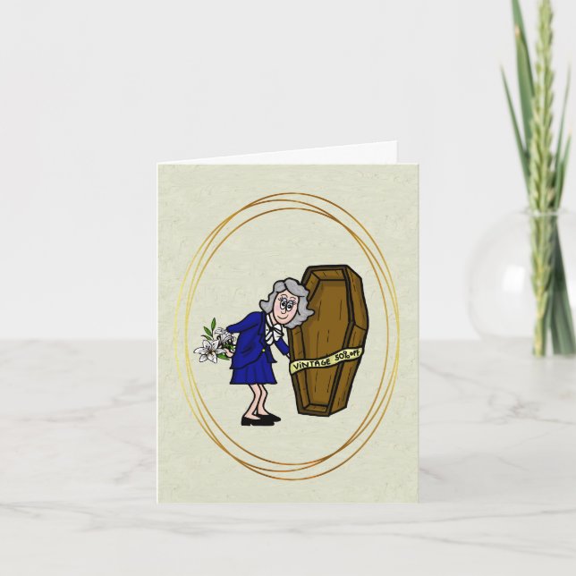 Older Female Mortician with Casket Sale Card       (Front)