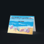 Older Grandson Birthday Personalized With Seashell Card<br><div class="desc">This fun and bold beach design showcases a bright shoreline scattered with seashells, while animated waves roll in behind. His name stands out in bouncy, wave-like lettering that adds a personalized and playful vibe. Created for a teen or adult grandson, this card captures his energy, uniqueness, and the joy he...</div>