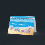 Older Grandson Birthday Personalized With Seashell Card<br><div class="desc">This fun and bold beach design showcases a bright shoreline scattered with seashells, while animated waves roll in behind. His name stands out in bouncy, wave-like lettering that adds a personalized and playful vibe. Created for a teen or adult grandson, this card captures his energy, uniqueness, and the joy he...</div>