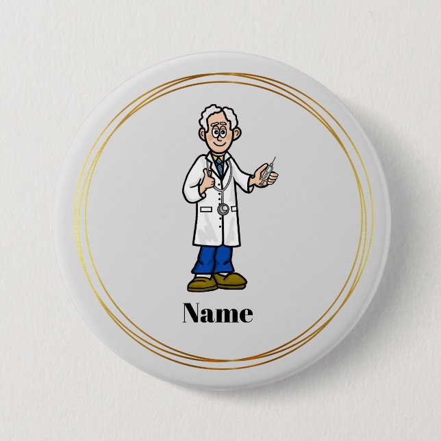 Older Grey Hair Male Doctor Name Button (Front)
