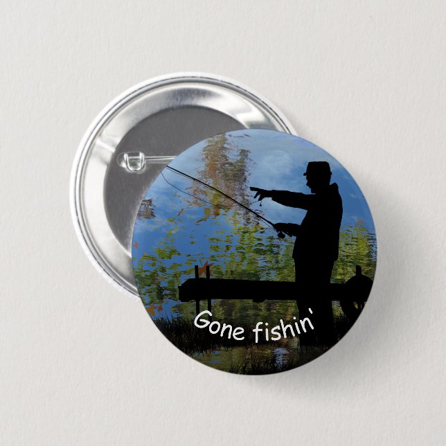 Older Man Fishing Retired Silhouette Pin Button (Front & Back)