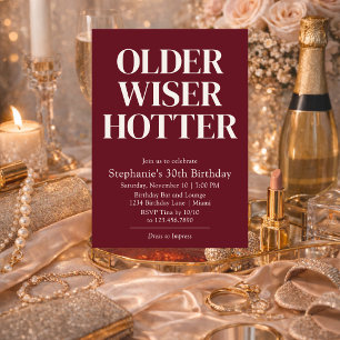Older Wiser Hotter Burgundy & Ivory Bold Birthday  Invitation