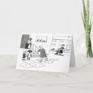 Older woman skips playing hopscotch with kids card