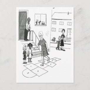 Older woman skips playing hopscotch with kids postcard