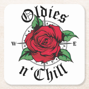 Oldies and Chill Compass Oldies Red Rose Square Paper Coaster