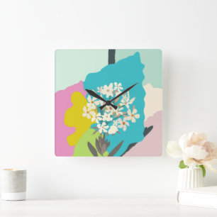 Oleander Floral Colour Blocks Modern Florist Square Wall Clock