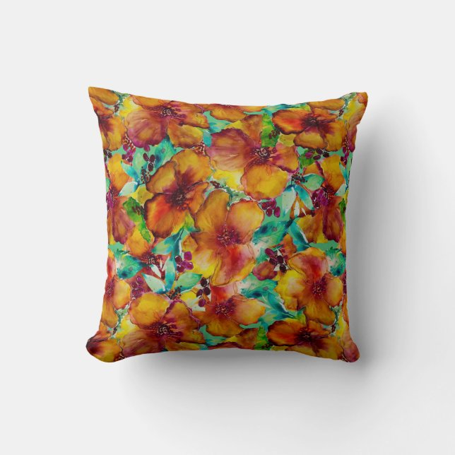 Olina Orange & Green Hibiscus Watercolor Tropical Throw Pillow (Front)