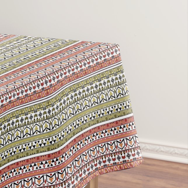 Olive and brown geometric ethnic ornament tablecloth (In Situ)