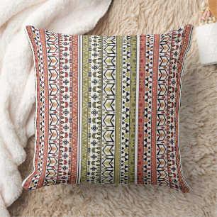 Olive and brown geometric ethnic ornament throw pillow