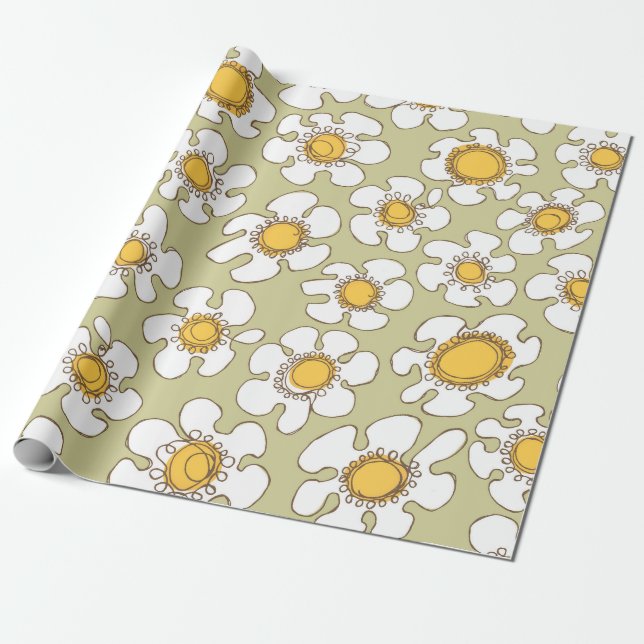 Olive and Gold Single Line Daisies Pattern Wrapping Paper (Unrolled)