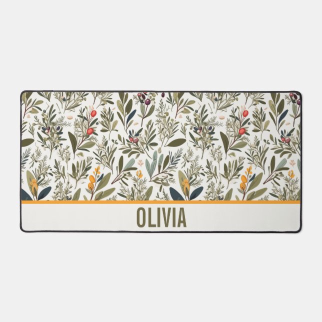 Olive and Herbs Minimal Elegant Personalized Desk Mat (Front)