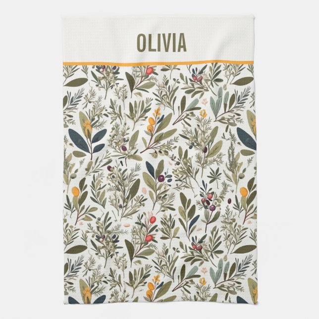 Olive and Herbs Minimal Elegant Personalized Kitchen Towel (Vertical)
