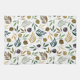 Olive and Leaves Autumn Pattern Kitchen Towel