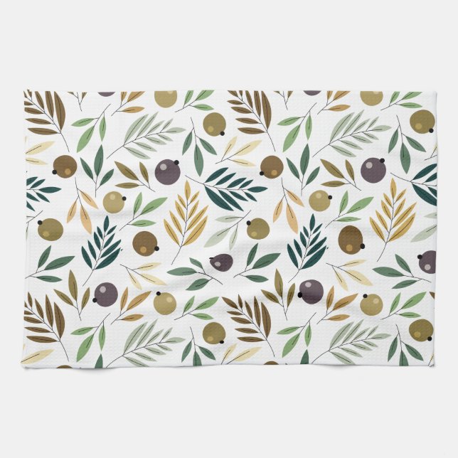 Olive and Leaves Autumn Pattern Kitchen Towel (Horizontal)