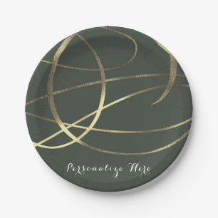 Olive Army Green & Gold Faux Foil Custom Party Paper Plate