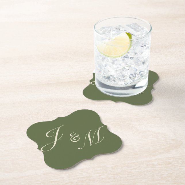 Olive & Beige Wedding Reception Plates Paper Coaster (Insitu)