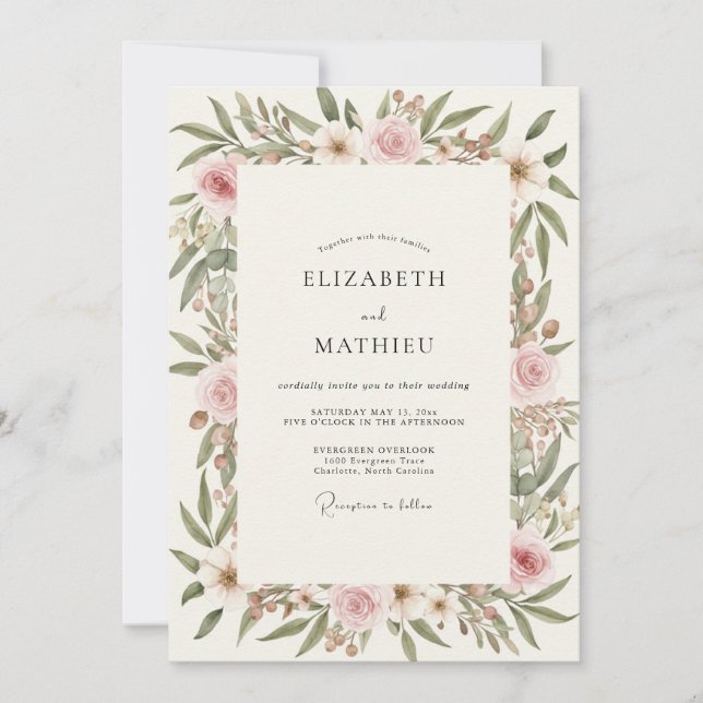 Olive Blush Petal Wedding Invitation (Front)