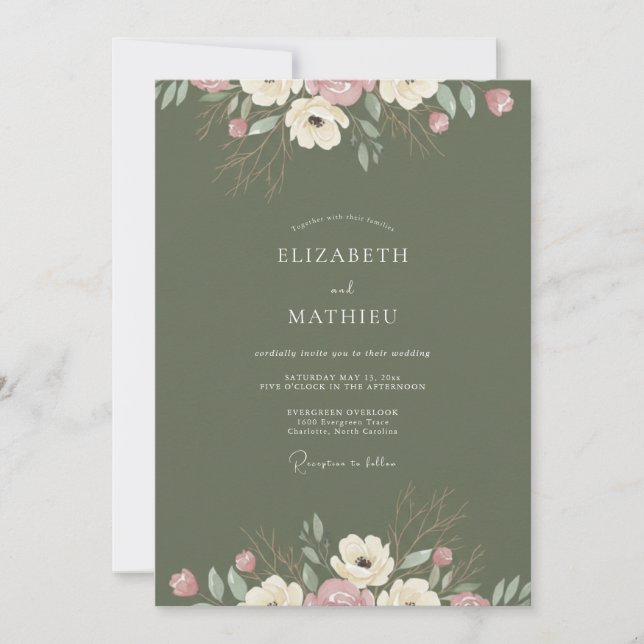 Olive Blush Ranunculus Eucalyptus Wedding Invitation (Front)