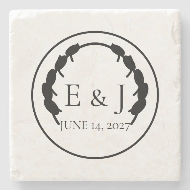 Olive Botanical Monogram Wedding Stone Coaster (Front)