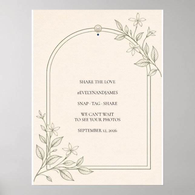 Olive Botanical Photo Sharing Wedding Hashtag Sign (Front)