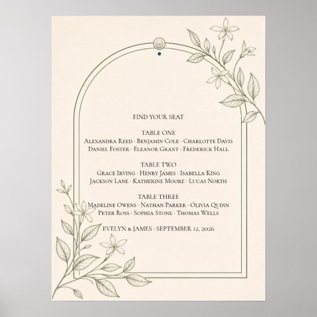 Olive Botanical Wedding Seating Chart Poster (Front)