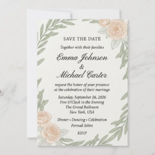 Olive Branch and Peach Rose Watercolor Wedding Invitation