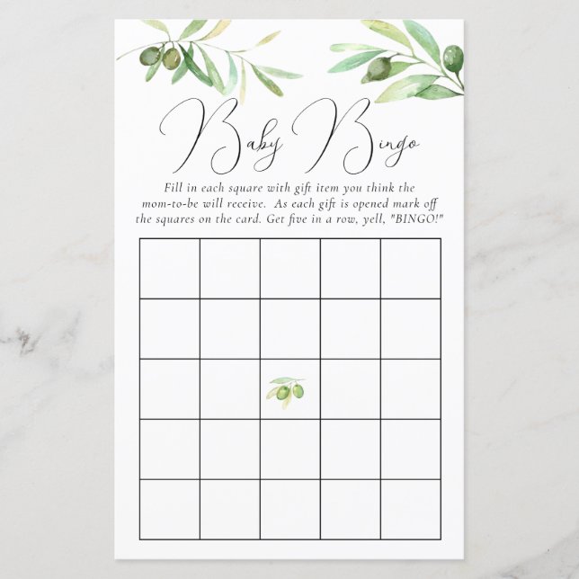 Olive branch Baby Shower Bingo Game (Front)