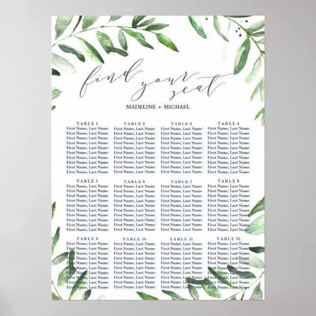 Olive Branch Boho Garden Wedding Seating Chart (Front)