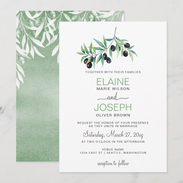Olive Branch Botanical wedding invitations (Front/Back)