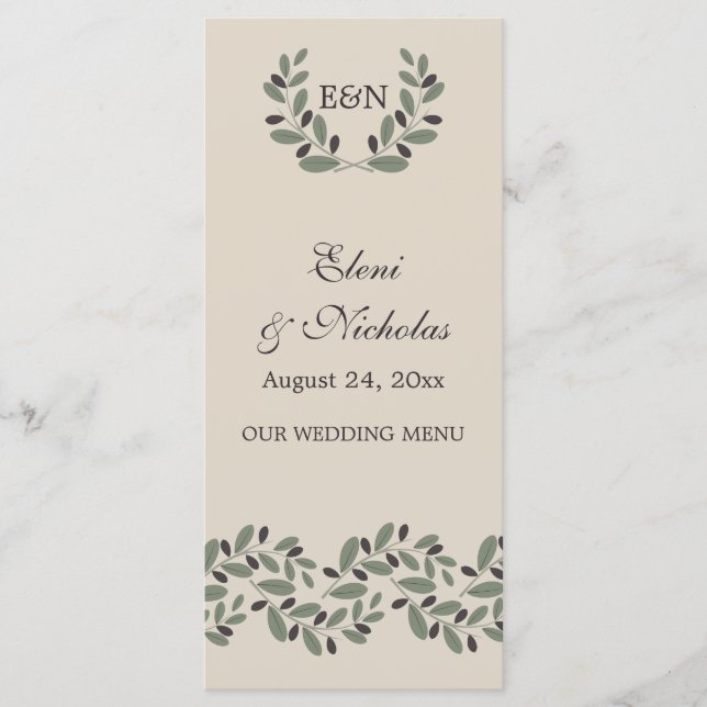 Olive branch garland and wreath wedding menu card (Front)