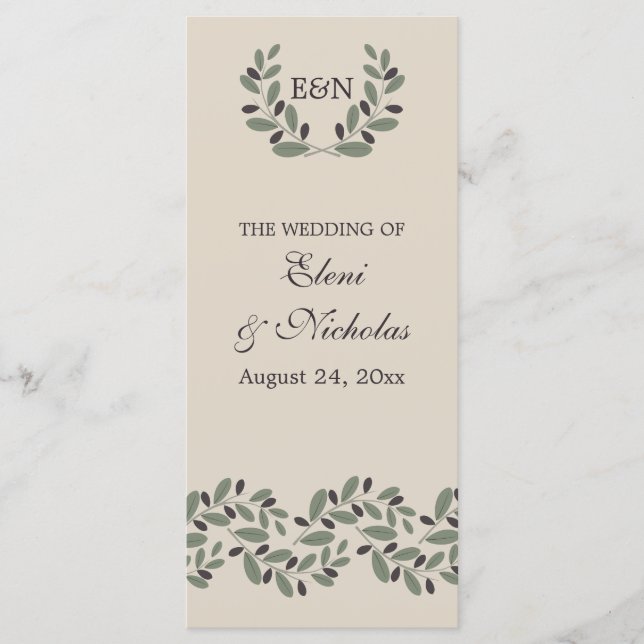 Olive branch garland and wreath wedding program (Front)