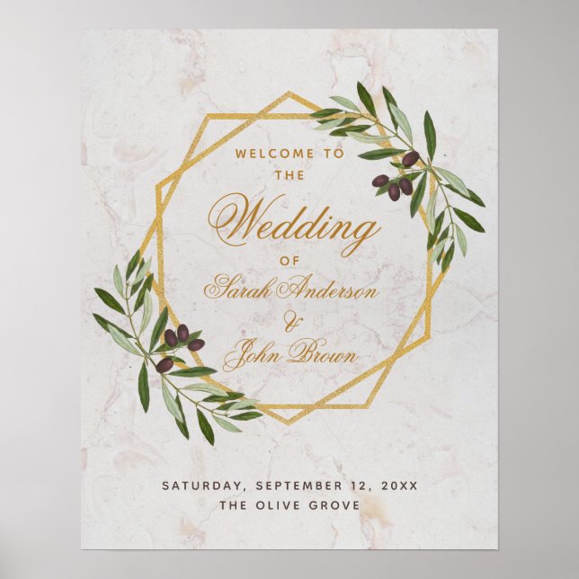 Olive Branch Greenery Gold Wedding Welcome Sign (Front)