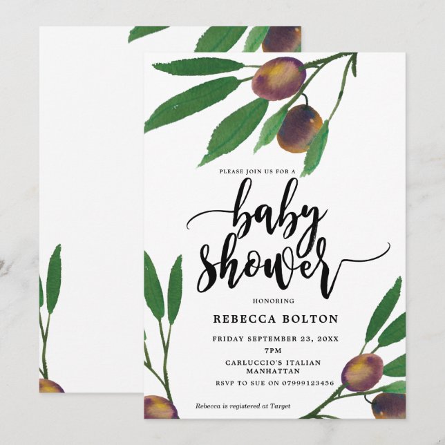 olive branch laurel modern baby shower invite (Front/Back)