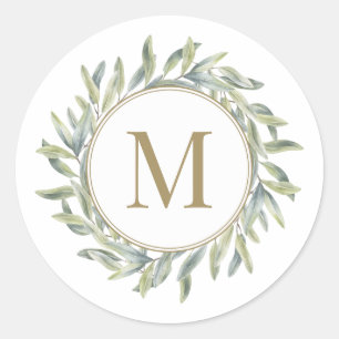 Olive Branch Laurel Wreath Personalized Monogram Classic Round Sticker